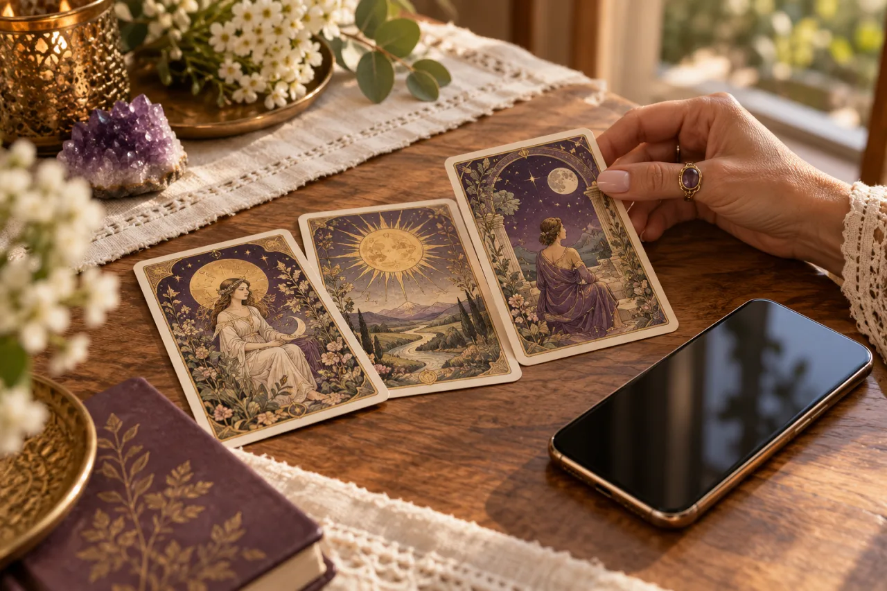 Cartas de tarot en tonos ciruela y oro junto a un móvil sobre la mesa de lectura.