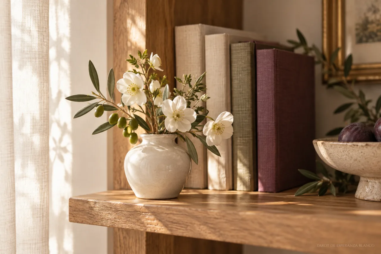 Un rincón del gabinete con flores, un jarrón y una luz cálida.