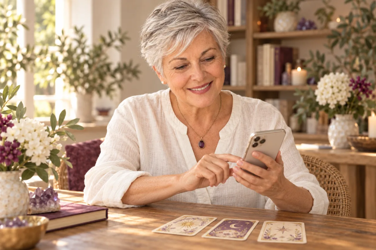 Esperanza Blanco preparando una consulta de tarot por mensajes desde su móvil.