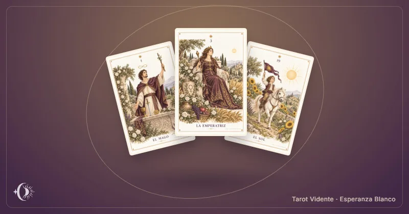 Tarot de Marsella. Composición con cartas ilustradas del gabinete. Tarot Vidente · Esperanza Blanco.
