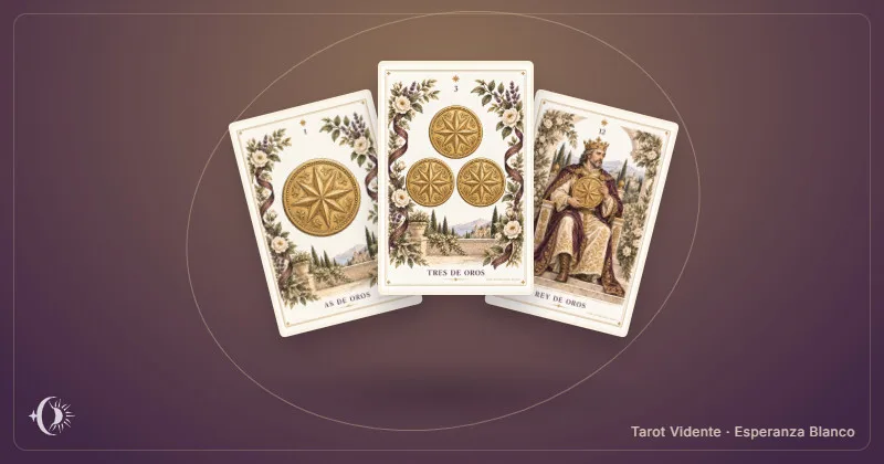 Lectura de baraja española. Composición con cartas ilustradas del gabinete. Tarot Vidente · Esperanza Blanco.