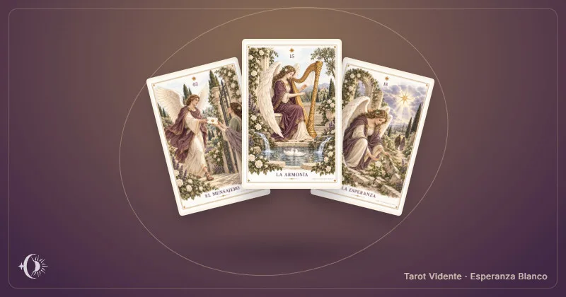 Tarô dos anjos. Composição com cartas ilustradas do gabinete. Tarot Vidente · Esperanza Blanco.