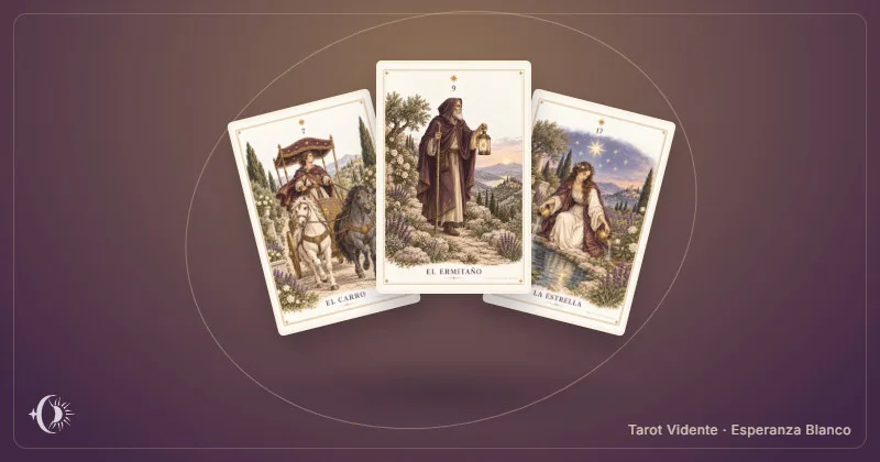 Tarot semanal personalizado. Composición con cartas ilustradas del gabinete. Tarot Vidente · Esperanza Blanco.