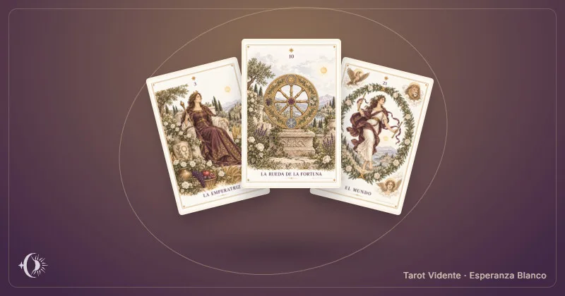 Tarot mensual personalizado. Composición con cartas ilustradas del gabinete. Tarot Vidente · Esperanza Blanco.