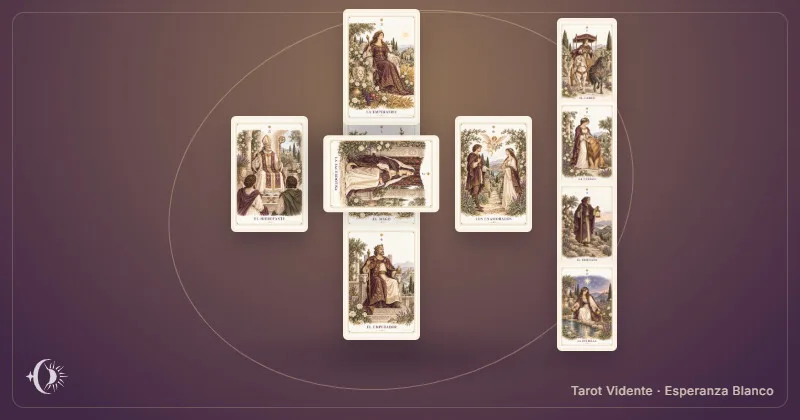 Tarot cruz celta. Composición con cartas ilustradas del gabinete. Tarot Vidente · Esperanza Blanco.