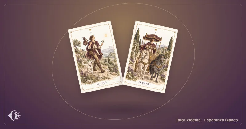 Tarot de dos caminos. Composición con cartas ilustradas del gabinete. Tarot Vidente · Esperanza Blanco.