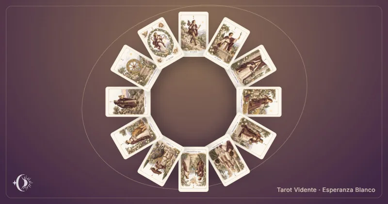 Tarot rueda de la vida. Composición con cartas ilustradas del gabinete. Tarot Vidente · Esperanza Blanco.