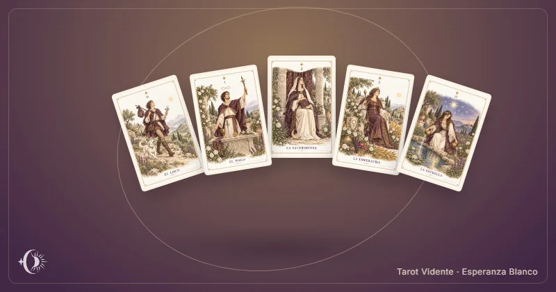 Tirada de 5 cartas de tarot. Composición con cartas ilustradas del gabinete. Tarot Vidente · Esperanza Blanco.