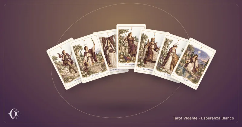 Tirada de 7 cartas de tarot. Composición con cartas ilustradas del gabinete. Tarot Vidente · Esperanza Blanco.