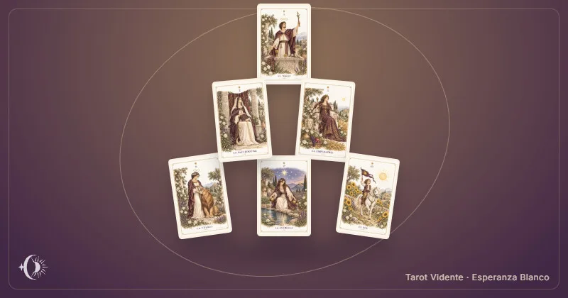 Tirada de tarot en pirámide. Composición con cartas ilustradas del gabinete. Tarot Vidente · Esperanza Blanco.
