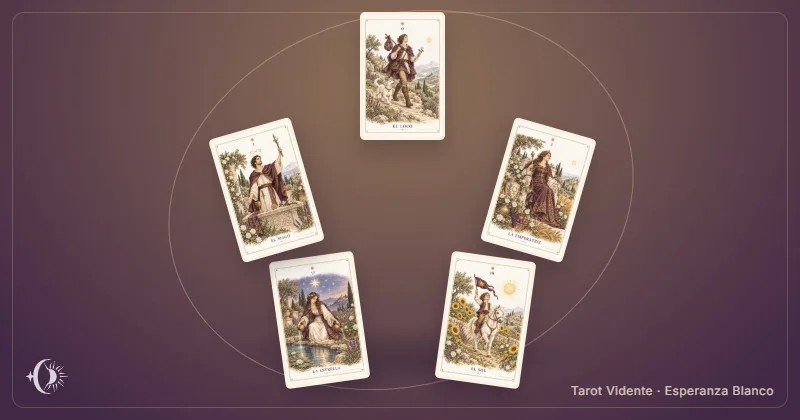 Tirada de tarot en estrella. Composición con cartas ilustradas del gabinete. Tarot Vidente · Esperanza Blanco.