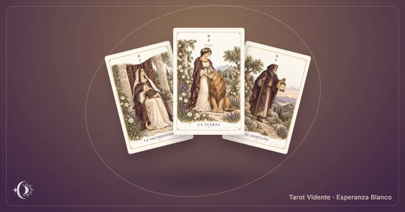 Interpretación de tiradas de tarot. Composición con cartas ilustradas del gabinete. Tarot Vidente · Esperanza Blanco.