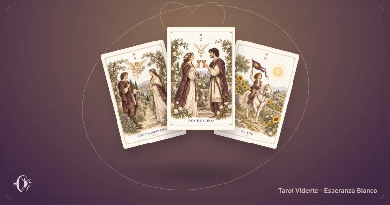 Tarot del amor. Composición con cartas ilustradas del gabinete. Tarot Vidente · Esperanza Blanco.