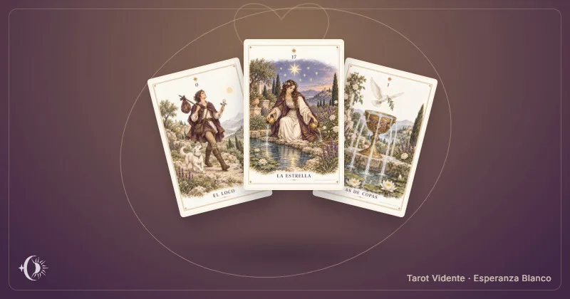 Tarot para encontrar pareja. Composición con cartas ilustradas del gabinete. Tarot Vidente · Esperanza Blanco.