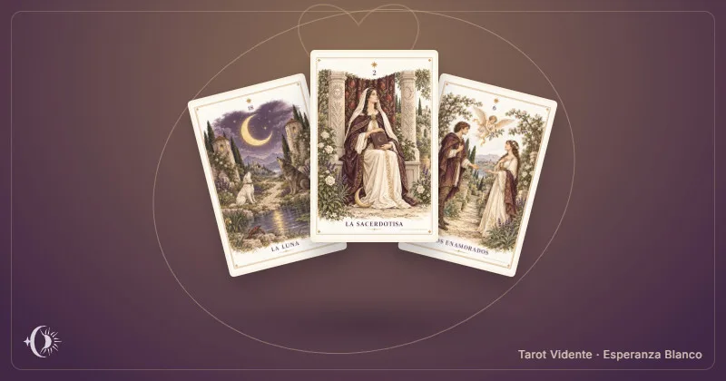 Tarot: qué siente por mí. Composición con cartas ilustradas del gabinete. Tarot Vidente · Esperanza Blanco.