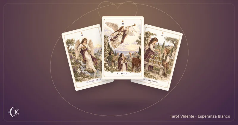 Tarot de reconciliación con tu ex. Composición con cartas ilustradas del gabinete. Tarot Vidente · Esperanza Blanco.