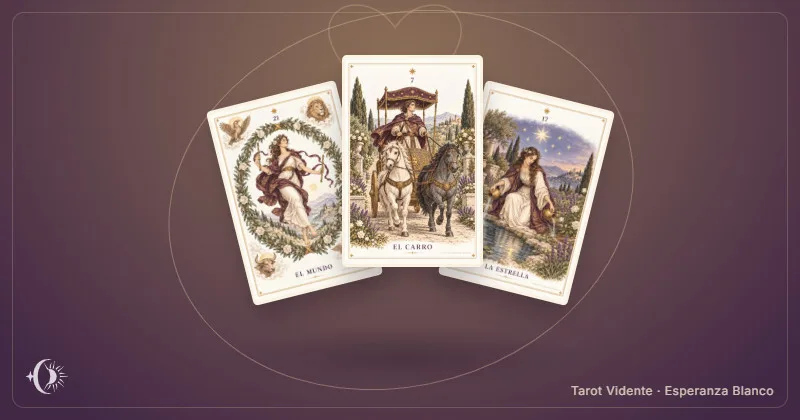 Tarot para el amor a distancia. Composición con cartas ilustradas del gabinete. Tarot Vidente · Esperanza Blanco.