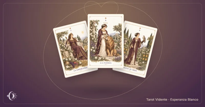 Tarot del amor propio. Composición con cartas ilustradas del gabinete. Tarot Vidente · Esperanza Blanco.