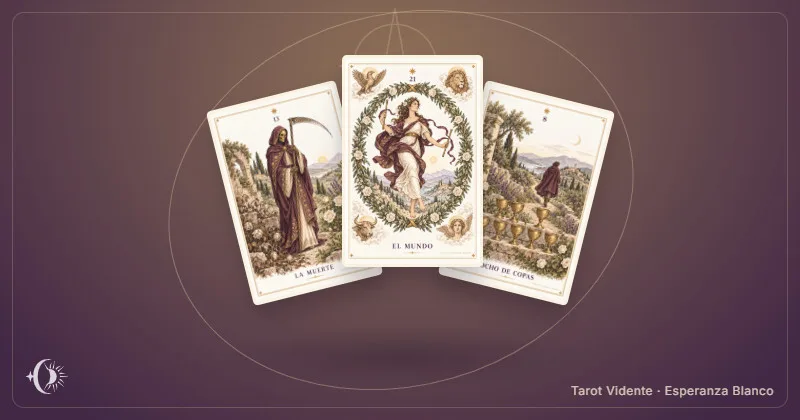 Tarot para cerrar ciclos. Composición con cartas ilustradas del gabinete. Tarot Vidente · Esperanza Blanco.