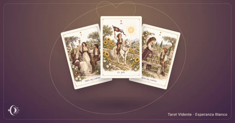 Tarot de la amistad. Composición con cartas ilustradas del gabinete. Tarot Vidente · Esperanza Blanco.