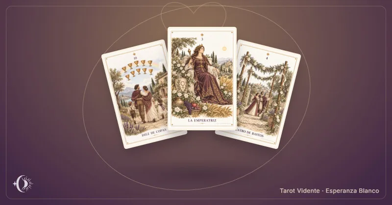 Tarot de la familia. Composición con cartas ilustradas del gabinete. Tarot Vidente · Esperanza Blanco.