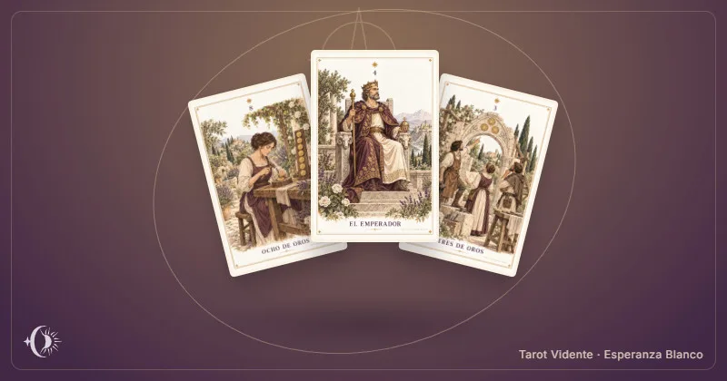 Tarot del trabajo. Composición con cartas ilustradas del gabinete. Tarot Vidente · Esperanza Blanco.