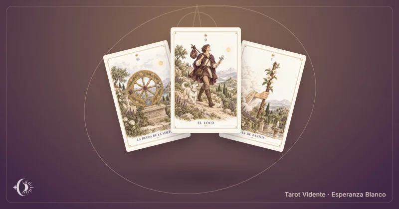 Tarot para cambiar de trabajo. Composición con cartas ilustradas del gabinete. Tarot Vidente · Esperanza Blanco.