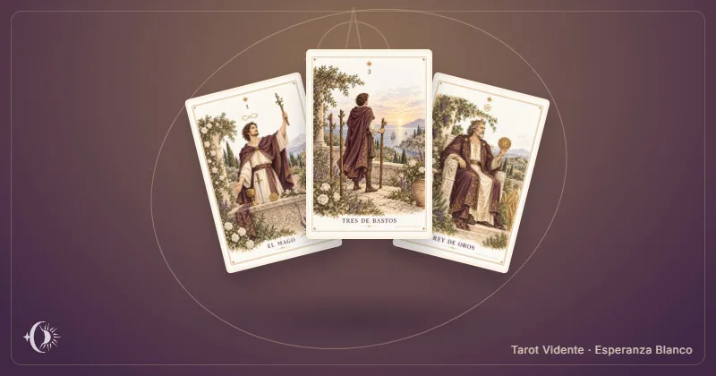 Tarot para proyectos y negocios. Composición con cartas ilustradas del gabinete. Tarot Vidente · Esperanza Blanco.