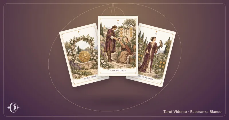 Tarot del dinero. Composición con cartas ilustradas del gabinete. Tarot Vidente · Esperanza Blanco.