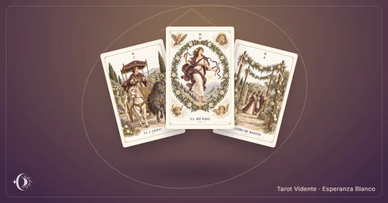 Tarot para una mudanza. Composición con cartas ilustradas del gabinete. Tarot Vidente · Esperanza Blanco.