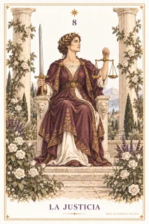 La Justicia · una figura con balanza y espada entre columnas