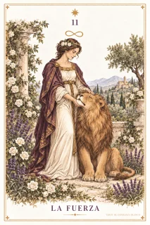 La Fuerza · una figura junto a un león, con las manos cerca de su cabeza