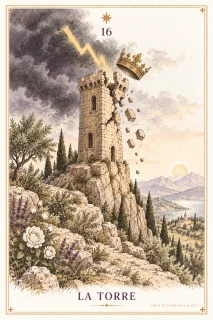 La Torre · una torre alcanzada por un relámpago y piedras que caen