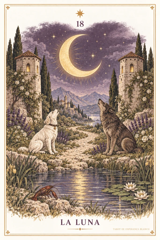 Der Mond · eine Mondsichel, zwei Tiere, zwei Türme und ein Wasserlauf