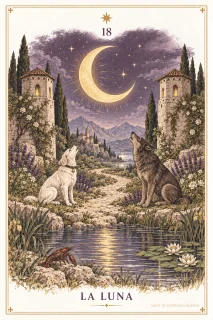 La Luna · una luna creciente, dos animales, dos torres y un cauce