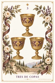 Tres de Copas · 3 copas doradas y motivos vegetales en los bordes