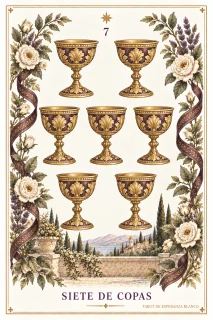 Siete de Copas · 7 copas doradas y motivos vegetales en los bordes