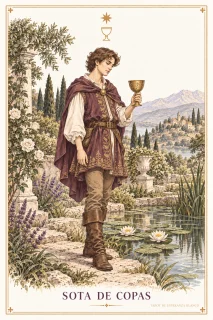 Sota de Copas · una figura de pie que sostiene el emblema de su palo