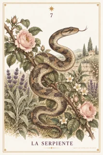 La Serpiente · una serpiente enroscada entre rosas