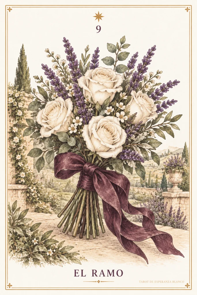 O Buquê · um ramo de flores claras atado com uma fita