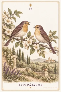 Los Pájaros · dos pájaros sobre una rama con flores
