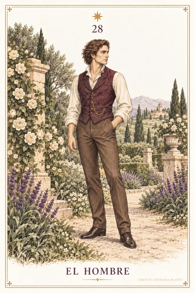 El Hombre · una figura masculina de pie con chaleco ciruela