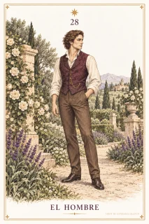 El Hombre · una figura masculina de pie con chaleco ciruela