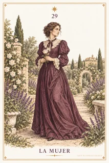 La Mujer · una figura femenina de pie con vestido largo ciruela