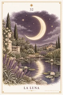 La Luna · una luna creciente sobre un estanque nocturno