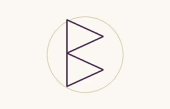 Berkano · o sinal ᛒ: uma haste com duas formas angulares fechadas à direita, dentro de um círculo fino