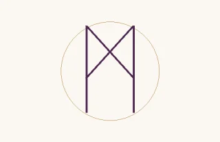 Mannaz · el signo ᛗ: dos astas con diagonales cruzadas en su parte superior, dentro de un círculo fino