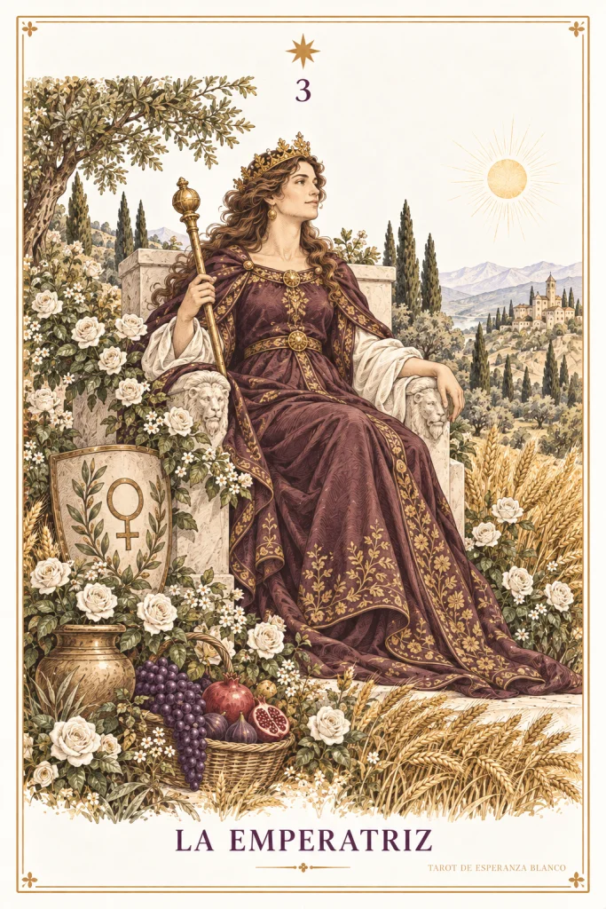 La Emperatriz · una figura coronada sentada entre flores y plantas