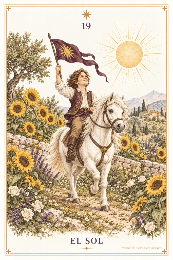 Il Sole · una giovane figura su un cavallo bianco, uno stendardo e un sole