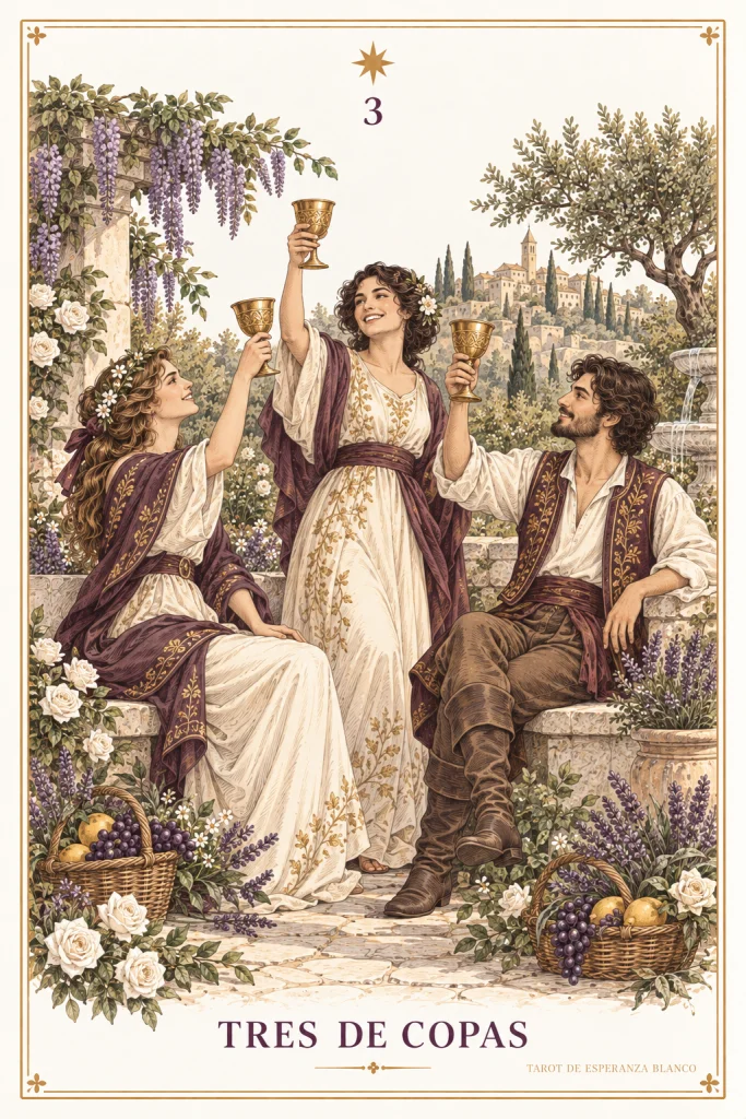 Tres de Copas · tres personas que alzan copas en un jardín